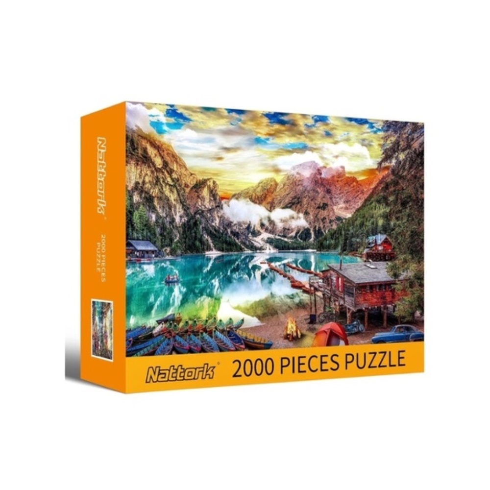 2000-Piece Puzzle By Nattork, Colorful Camp Scene on a Lake W/ Large Poster